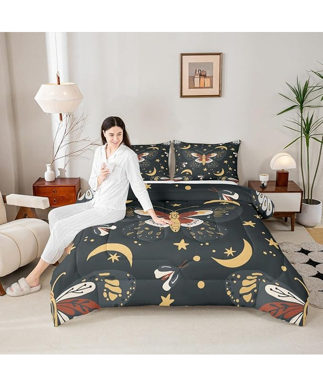 Sun Moon Kids Comforter Set Full Size,Starry Sky Galaxy Trippy Bohemia Bedding Set,Boys Girls Adults Room Decor,Death Moth Boho Exotic Down Comforter,Colorful Retro Duvet Insert,2 Pillowcases