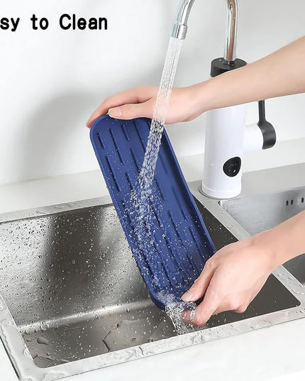 Silicone Kitchen Sink Organizer Tray for Multiple Usage,Eco-Friendly Sponges Holder for Kitchen Bathroom Counter or Sink,Dish Soap Dispenser,Scrubber,Bottle,Cup (Navy Blue, 12"×4")