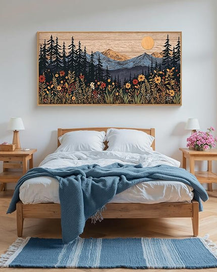 Houria Mid Century Woodland Mountain Framed Canvas Wall Art Set,Vintage Natural Sunset Wildflower Forest Field Decor,Wilderness Boho Floral Pine Tree Landscape Artwork for Living Room,Office-20"x40"x1