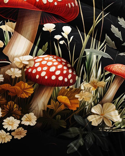 AILONEN Red and Black Mushroom Bedding Twin Size,Cartoon Mushroom Boho Comforter Set,Plant Fungus Flower Starry Moon Comforter with 2 Pillowcases for Boys Girls Kids,3 Pieces