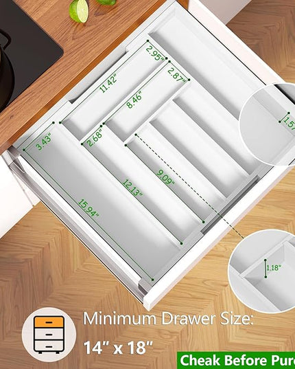 Pipishell Bamboo Expandable Drawer Organizer for Utensils Holder, Adjustable Cutlery Tray, Wood Drawer Dividers Organizer for Silverware, Flatware, Knives in Kitchen, Bedroom, Living Room (White)