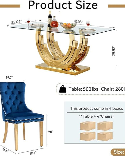 Henf 5-Piece Glass Dining Table Set with 4 Upholstered Dining Chairs,Large Glass Dining Room Table Set for 4, Modern Kitchen Table Furniture for Dining Room, Gold Dining Table and Chair Set for 4