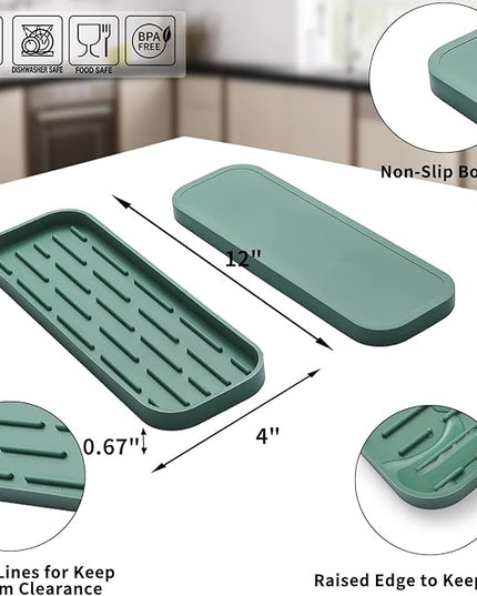 Silicone Kitchen Sink Organizer Tray for Multiple Usage,Eco-Friendly Sponges Holder for Kitchen Bathroom Counter or Sink,Dish Soap Dispenser,Scrubber,Bottle,Cup (Green, 12"×4")