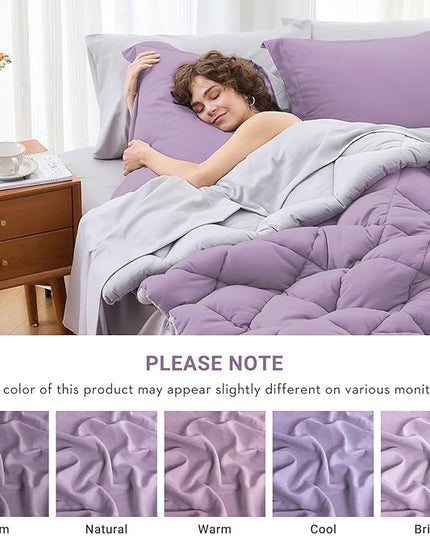 MUXHOMO 7 Pieces Queen Comforter Set, Reversible Bed in a Bag Queen Size, All Season Bedding Set with Comforter, Flat Sheet, Fitted Sheet, Pillowcases & Shams, Greyish Purple & Light Grey