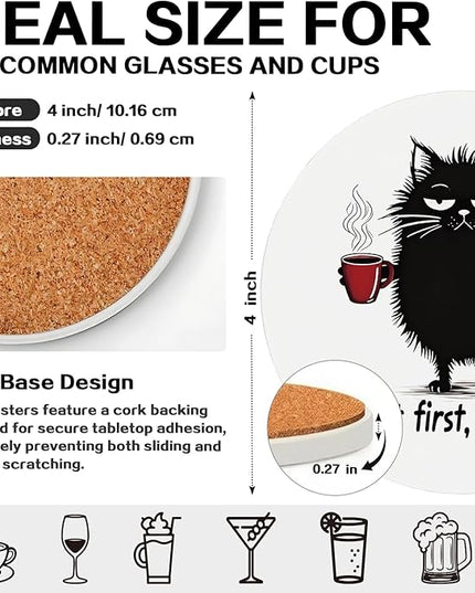 zcyhtqp, But First Coffee, Funny Absorbent Round Ceramic Stone Coasters Set of 4 with Cork Base, Funny Coffee Coasters, Cat Lover, Gifts for Home, Kitchen, Office Table Décor