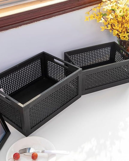 Wooden Storage Baskets,Black Woven Bamboo Basket Nesting Boxes with Built-in Handle for Pantry, Kitchen,Living Room,Shelves,Set of 2