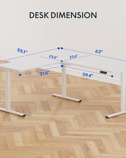 FLEXISPOT L Shaped Standing Desk, 63 x 55 Inch Electric Height Adjustable Corner Desk, Sit Stand Computer Workstation, Preset Controller, Home Office, White Frame with White Top, White Drawer