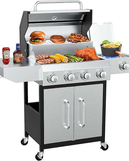 BESTFIRE 60,000 BTU 4+1 Burner Propane Gas Grill - 647 sq. inches Stainless Steel Outdoor BBQ with Porcelain-Enameled Cast Iron Grates, Side Burner & Storage Cabinet for Patio and Backyard Cooking