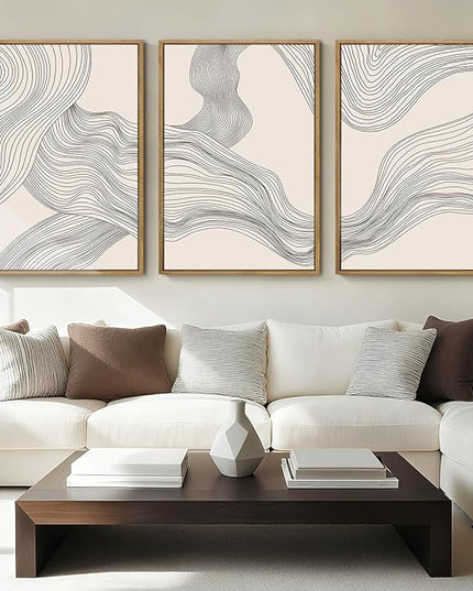 Neutral Abstract Wall Art Framed Modern Beige Wave Wall Decor for Bathroom Living Room Bedroom 16x24 Inch Set of 3