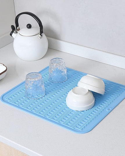 Silicone Dish Drying Mat for Multiple Usage,Easy clean,Eco-friendly,Heat-resistant Silicone Mat for Kitchen Counter or Sink,Refrigerator or Drawer Liner Light Blue 2XL 24 inches x 18 inches