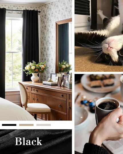 Lazzzy Velvet Blackout Curtains Thermal Insulated Room Window Drapes Super Soft Luxury Curtains for Living Room Bedroom Rod Pocket 2 Panels, Black, 52" W x 72" L