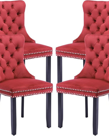 SoarFlash Velvet Dining Chair Set of 4, Upholstered Tufted Dining Room Chair with Nailhead Trim and Solid Wood Leg for Kitchen (Wine Red)
