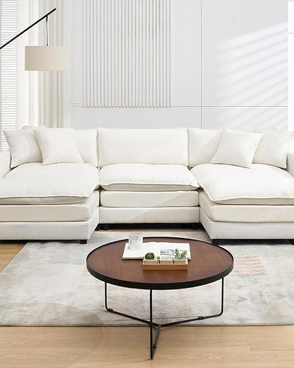 U-Shaped Modular Sectional Sofa Set with Ottomans - 108" Modern Corduroy Cloud Couch for Living Room (3-Seater + 2 Movable Ottomans + 3 Pillows) - Chenille Fabric in Beige