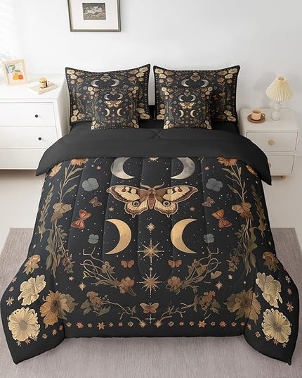 Feelyou 7 Piece Death Moth Bed in a Bag Queen for Boys Kids Boho Butterfly Sheet Set,Moth Flower for Girls Women Rustic Garden Bedding Set with Comforter Moth Flower Cushion Covers