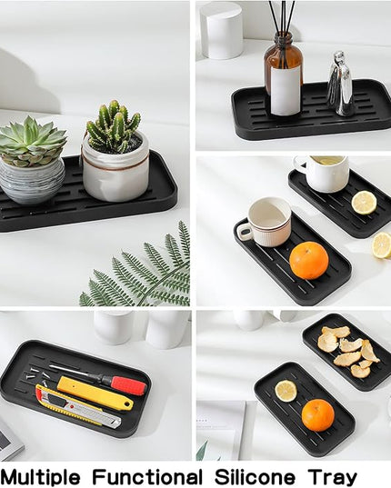 Silicone Kitchen Sink Organizer Tray for Multiple Usage,Eco-Friendly Sponges Holder for Kitchen Bathroom Counter or Sink,Dish Soap Dispenser,Scrubber,Bottle,Cup (Black, 10"×5.3")