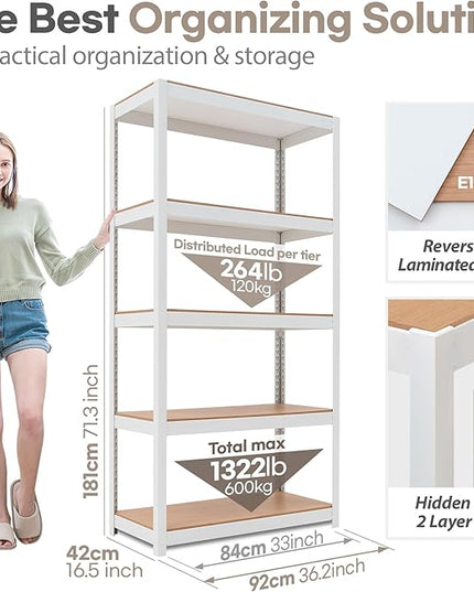HOMEDANT House 5 Tier Laminated Metal Shelving Unit Adjustable Storage Utility Rack Heavy Duty Shelves Organization Multipurpose Shelf Kitchen Garage Pantry Closet (4, (M) 36.2" W, White)