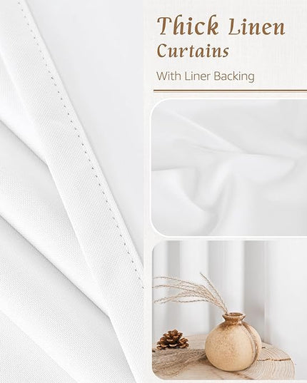 LAMIT 100% Blackout Linen Curtains, 45 Inches Linen Textured Thermal Bedroom Curtains Back Tab and Rod Pocket Neutral Panels with White Liner for Farmhouse, 2 Panels, 42 x 45 Inch, White