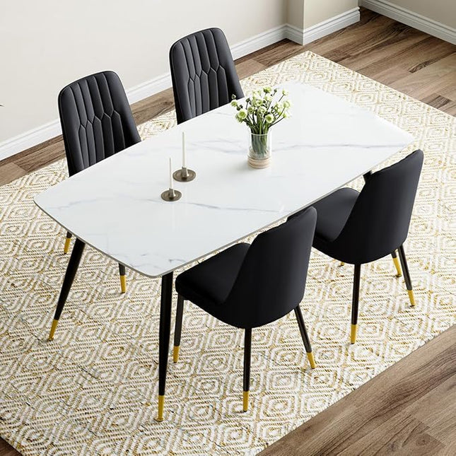 White Dining Table Set for 4, 62'' Dining Table Set for 4, Sintered Stone Dining Room Sets for 4, Easy to Assemble