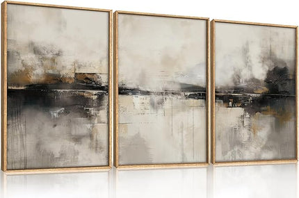 HOURIA Large Abstract Neutral Beige & Black Framed Canvas Wall Art Set,Modern Minimalist Brown Wall Decor,Textured Gray Tan Illustrations Artwork for Living Room, Bedroom, Farmhouse- 24"x36"x3