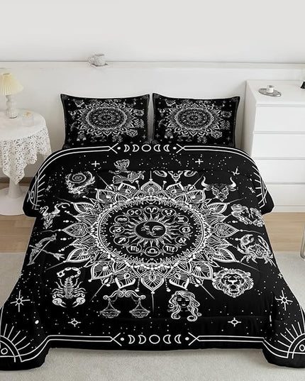Sun and Moon Kids Comforter Set Queen Size,Starry Sky Galaxy Planet Trippy Bedding Set,Boys Girls Adults Room Decor,12 Constellation Datura Boho Down Comforter,Black White Duvet Insert,2 Pillowcases