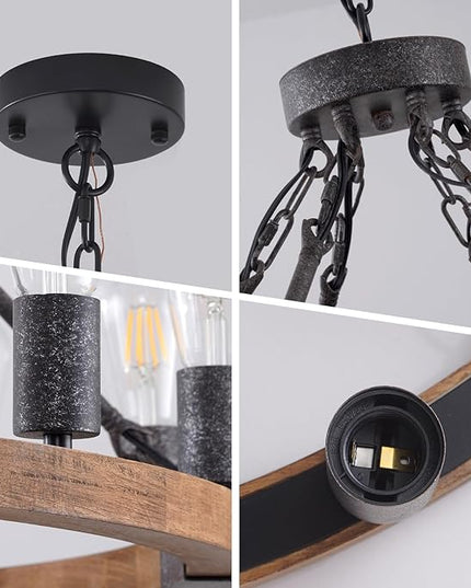 Farmhouse Wagon Wheel Chandelier 31" Black Wooden Chandelier 12-Light Rustic Pendant Light Fixture for Dining Room Living Room Entryway Foyer