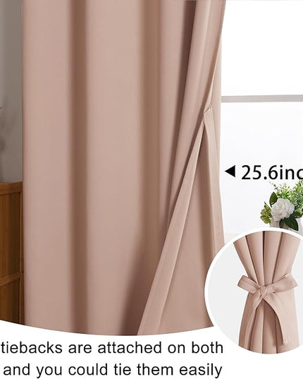 JIUZHEN Blackout Curtains with Tiebacks - Thermal Insulated, Light Blocking and Noise Reducing Grommet Curtain Drapes for Bedroom and Living Room, Set of 2 Panels, 42 x 63 Inch Length, Blush Pink