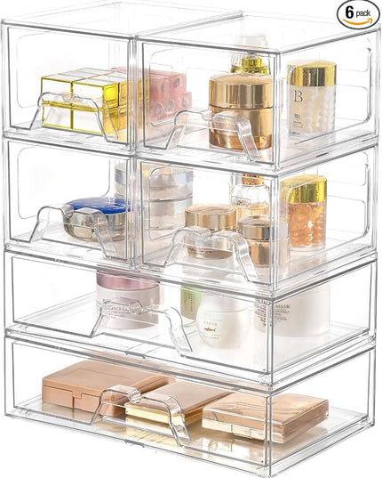 6 Pack Stackable Storage Drawers Clear Acrylic Organizer Makeup Bathroom Organizer and Storage Bins for Beauty Supplies,Ideal for Vanity, Bathroom,Pantry Organization