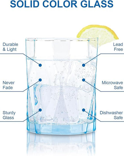 CREATIVELAND Geometric Shapes Glass Drinking Glasses Set of 6, Solid Blue Color 10 OZ Glass Tumbler Glassware for Water, Juice, Different Options for Home, Restaurant, Hotel, Bar