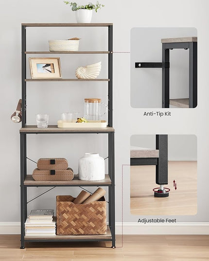 VASAGLE Coffee Bar, 23.6 Inches Baker's Rack for Kitchen with Storage, 6-Tier Kitchen Shelves with 6 Hooks, Microwave Stand, Industrial, Heather Greige and Ink Black UKKS024B02