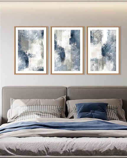 HOURIA Abstract Navy Blue Gray Framed Canvas Wall Art Set,Neutral White Brush Stroke Wall Decor,Minimalist Color Block Shapes Artwork,Modern Pastel Prints for Living Room,Bedroom,Farmhouse- 16"x24"x3