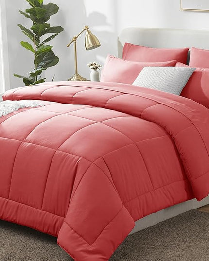 CozyLux Full Size Comforter Sets Coral, 7 Pieces Bed in a Bag, Coral Comforter Full Size, All Season Bedding Sets with Stitch Quilted Comforter, Flat Sheet, Fitted Sheet, Pillowcases