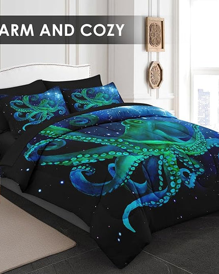 Comforter Set King Size, Blue Octopus Sea 7 Pcs Bedding for Kids and Adults, Space Colorful Star Bed Sheet Sets with Fitted Sheet 2 Pillowcases & 2 Shams for Bedroom Bed Decor