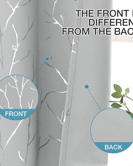 BUHUA Floral Branch Print Blackout Curtains for Living Room Darkening Curtains Print Pattern Light Blocking Curtains for Bedroom 52W×63L Silver Grey 2 Panels