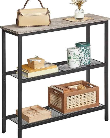 HOOBRO 29.5" Narrow Console Table, 3-Tier Entryway Table, Thin Sofa Table with Shelves, Side Table, Display Table, for Hallway, Entrance, Living Room, Bedroom, Greige and Black BG73XG01