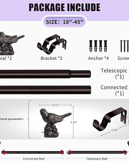 Curtain Rods 18 to 45 Inches Vintage Oil Bronze Curtain Rods for Windows Adjustable Drapery Rod with Bird Finials Heavy Duty Brown Curtains Rod for Kitchen Window Living Room