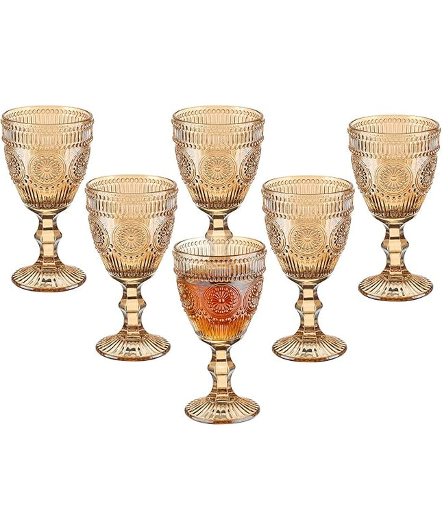 Vintage Wine Glasses Set of 6, 10 Ounces Colored Glass Water Goblets, Unique Flower Embossed Pattern High Clear Stemmed Glassware Wedding Party Bar Glass Drinking Cups Flower Amber Fancy Glasses