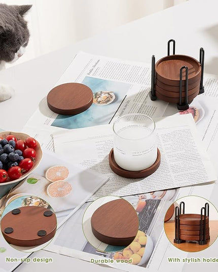 Set of 6 Wooden Coasters With Holder - Coffee Table Coasters for Drinks, Modern Home Decor, Dining Table Decorative Set, Cute Beer Bar Rustic Outdoor Wood Coaster