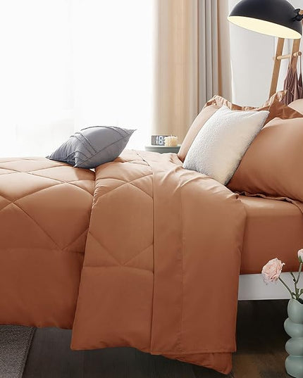 CozyLux Queen Comforter Set Pumpkin - Bed in a Bag Queen Size 7 Pieces, Luxury Soft Bed Set for All Seasons, Bedding Set with Down Alternative Comforter, Sheets, Pillowcases & Shams