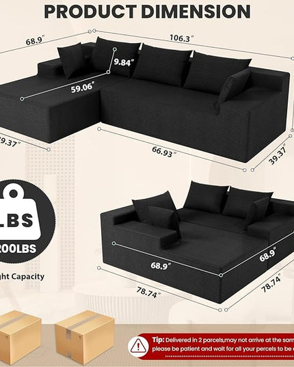 LEVELEVE 107" Cloud Sectional Couch with Deep Seat，Modern Modular Sofa with L-Shape Chaise，No Assembly Required, Upholstered Couches for Living Room Bedroom(Black,Left Facing Chaise)