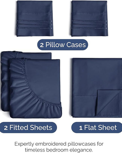 Split King Size 5 Piece Sheet Set - Comfy Breathable & Cooling Bed Sheets Set - Hotel Luxury Bedding for Women, Men, Kids, Teens, Boys & Girls - Deep Pockets, Soft, Wrinkle Free - Oeko-Tex - Navy Blue
