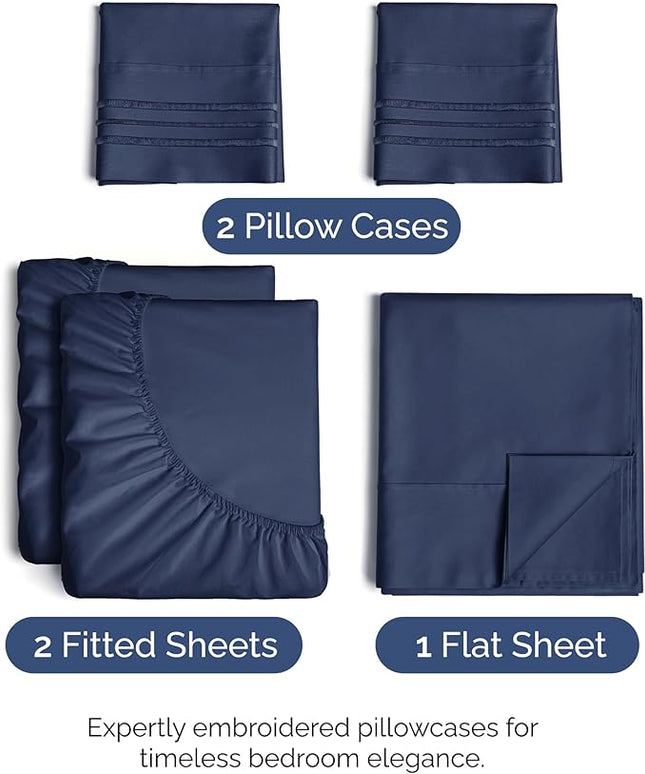 Split King Size 5 Piece Sheet Set - Comfy Breathable & Cooling Bed Sheets Set - Hotel Luxury Bedding for Women, Men, Kids, Teens, Boys & Girls - Deep Pockets, Soft, Wrinkle Free - Oeko-Tex - Navy Blue