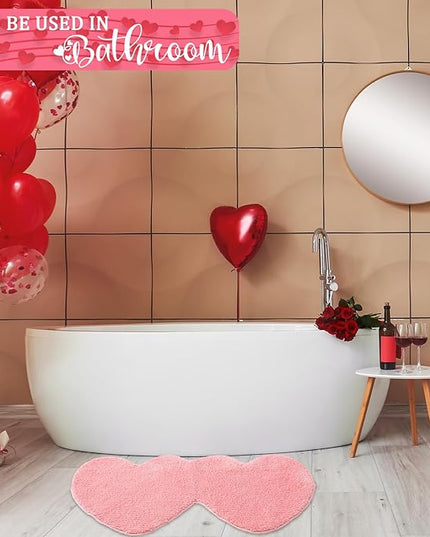 Hoolerry Valentines Heart Rug Double Heart Shaped Bathroom Rug Decorative Non Slip Doormat Washable Love Shag Shower Mat Home Bedroom Living Room 15.75 x 31.5 Inch(Pink)