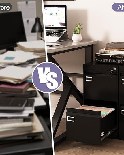 2 Drawer Metal File Cabinet with Lock, Black Locked Filing Cabinets, Vertical Small File Cabinet with Key, Under Desk Filing Cabinets for Home Office