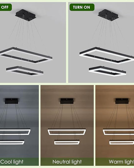 2 Rings Modern LED Chandelier Black 23.6inch Rectangle Dimmable LED Pendant Light with Remote Control 2 Tier Flush Mount High Ceiling Light for Dining Living Room Foyer(3000K-6500K, H59)