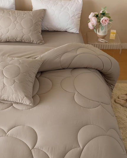 Luxlovery Beige Coffee Sunflower Comforter Set Cal King Light Khaki Bedding Comforter California King Cream Khaki Floral Boho Farmhouse Bedding Set Cal King Bed