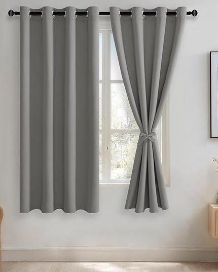 JIUZHEN Blackout Curtains with Tiebacks - Thermal Insulated, Light Blocking and Noise Reducing Grommet Curtain Drapes for Bedroom and Living Room, Set of 2 Panels, Light Grey, 52 x 63 Inch Length