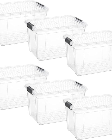 Superio Clear Storage Boxes with Lids, 26 Quart Plastic Container Bins for Organizing, Stackable Crates, BPA Free, Non Toxic, Odor Free, Organizers for Home, Office and Dorm, 6 Pack