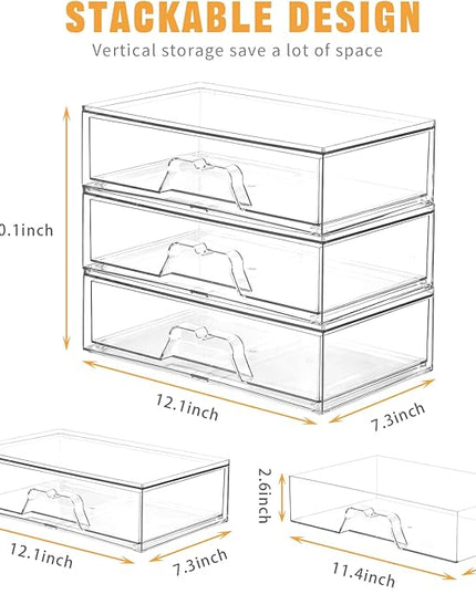 2 Pack Stackable Makeup Organizer, 12.1''L Acrylic Bathroom Organizer and Storage Undersink Drawer, Cosmetics and Beauty Supplies,Clear Plastic Storage Bins for Desk,Cabinet,Kitchen,Vanity,Pantry