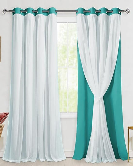Hiasan Double Layer Blackout Curtains with Sheer Overlay, Extra Long Mix & Match Thermal Insulated Grommet Window Curtains for Bedroom, Living Room, 2 Panels with Tiebacks,Peacock Teal, 52W X 108L