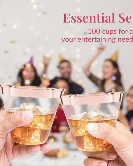 Prestee 100 Rose Gold Plastic Cups - Rose Gold Plastic Cups 9 oz - Party Decorations - Disposable Wine Cup - Clear Cup - Bulk Party Wine Glasses